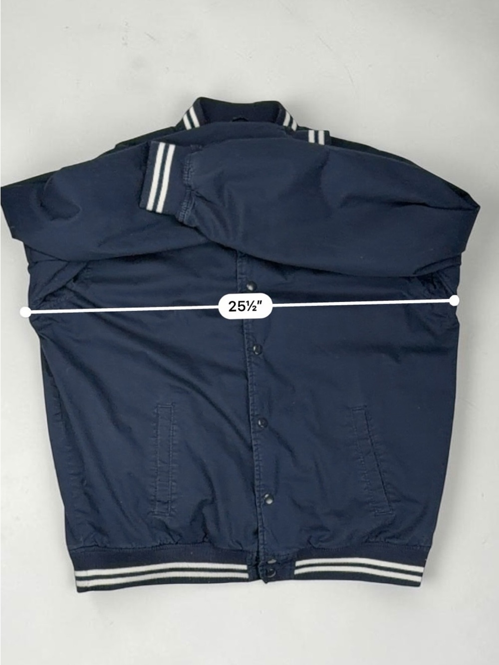 Old Navy Men’s XL Navy Cotton Varsity Bomber Jacket Striped Rib Trim Snap Front - Picture 11 of 17